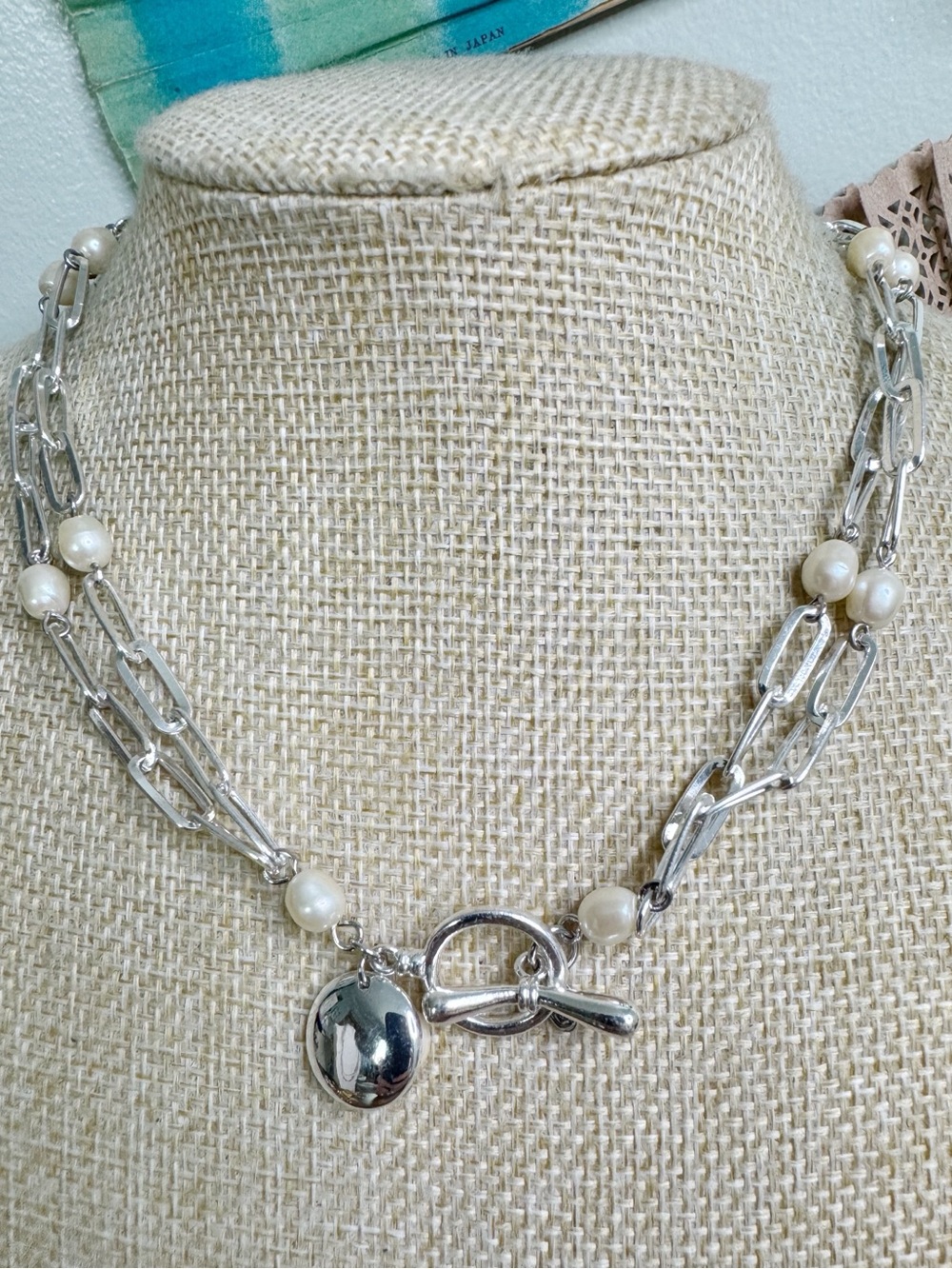 Monet Silver-Tone Chain Choker Necklace with Faux Pearls and Toggle Charm